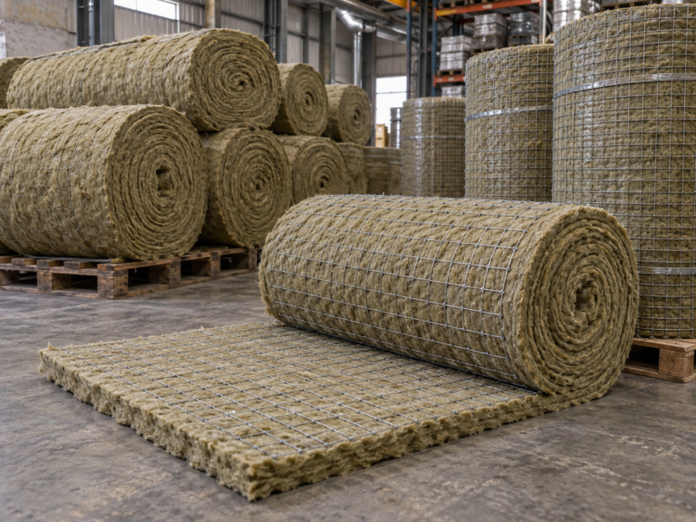 Stone wool rolls stacked in the warehouse
