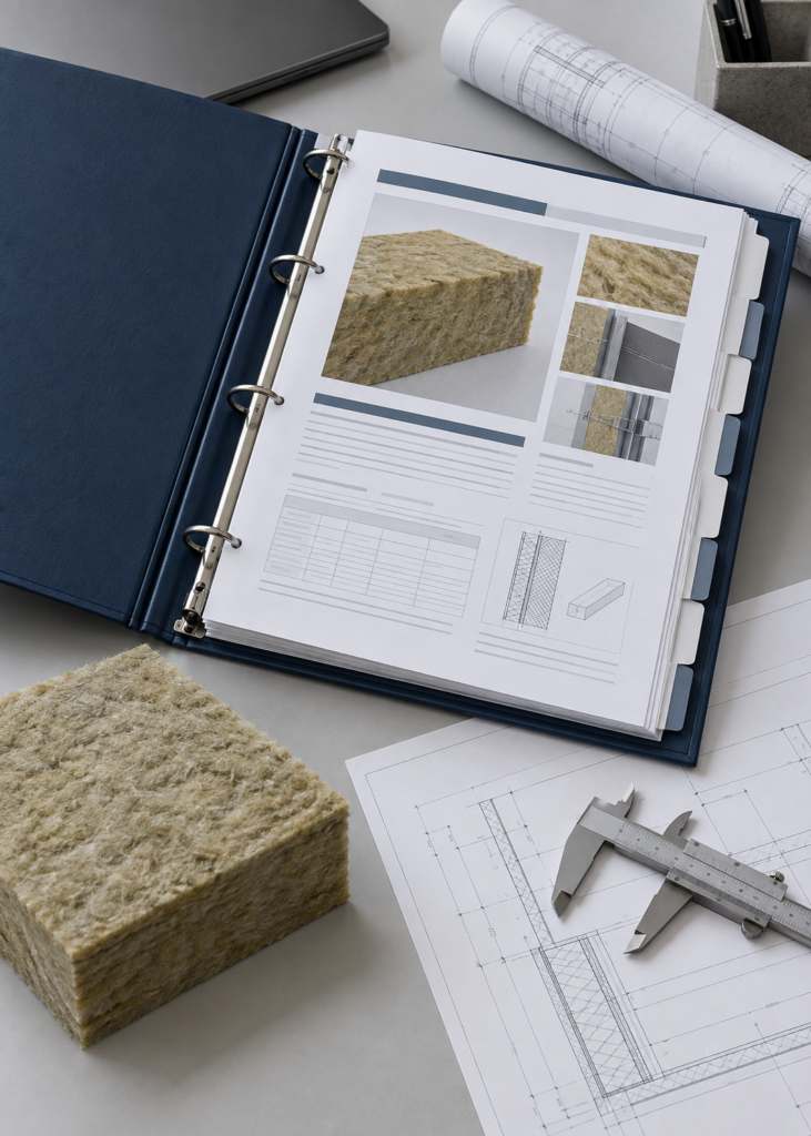 Submittal documentation with a stone wool sample