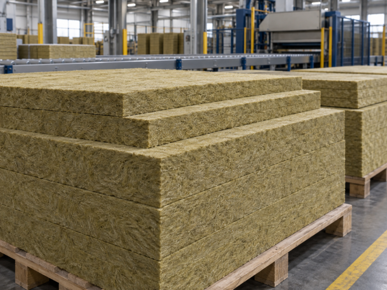 Stacked stone wool boards in the factory
