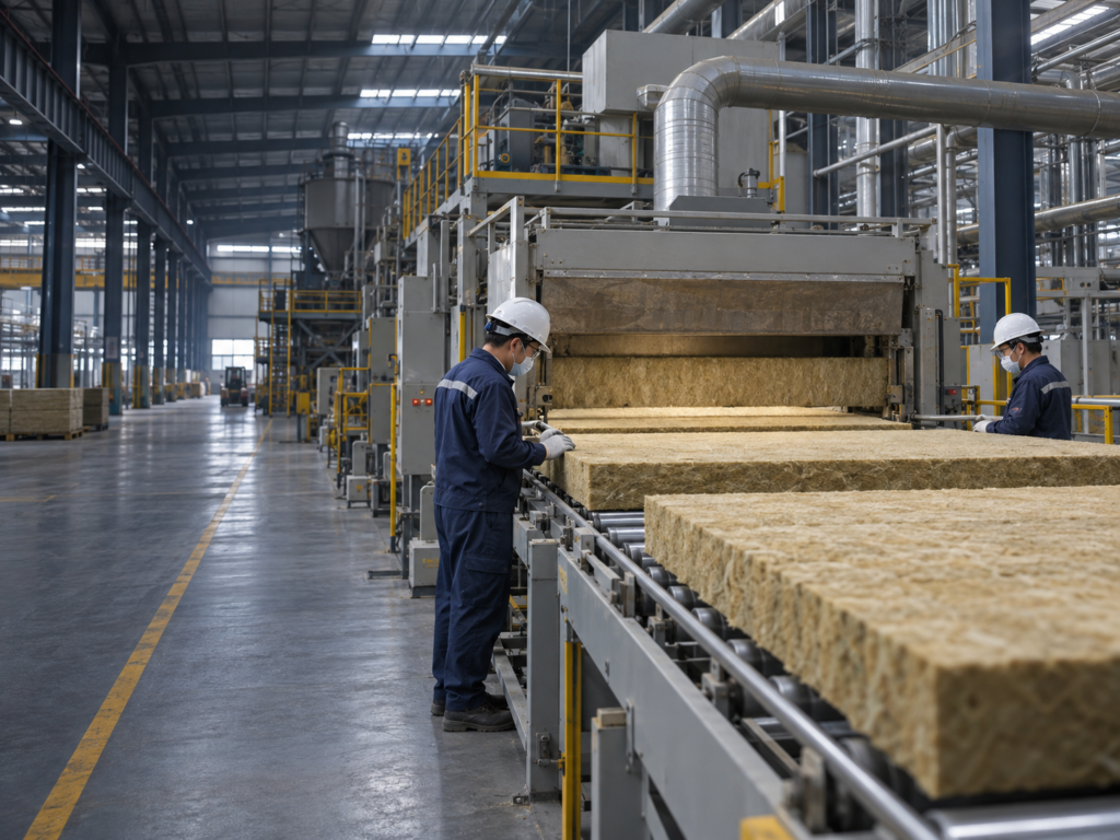 Worker monitoring the stone wool production line