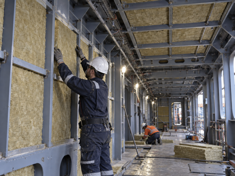 Installing stone wool boards inside a steel-framed structure